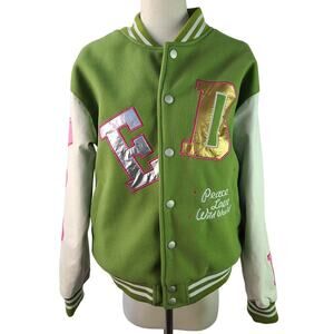 Editorial Department Green Pink Hearts Peace Love Wild World Varsity Jacket  Med